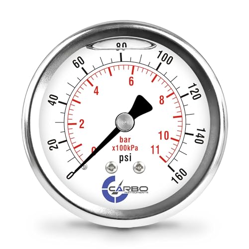 Image of 160 PSI Liquid Filled Pressure Gauge with NIST Traceable Certificate, Calibrated in USA Lab, 2.5 inch Dial, 1 /4 NPT Back Mount, ASME Grade A, 304 SS Case, Brass Wetted Parts, PSI /Bar