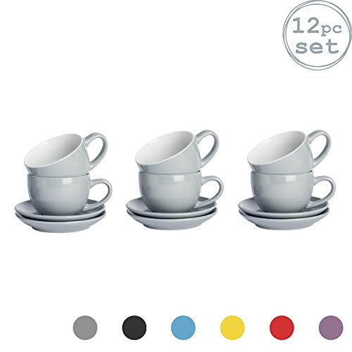 Argon Tableware 12 Piezas de Color Cappuccino y platillo Set - Estilo Moderno Porcelana té y café Copas - Gris - 250ml