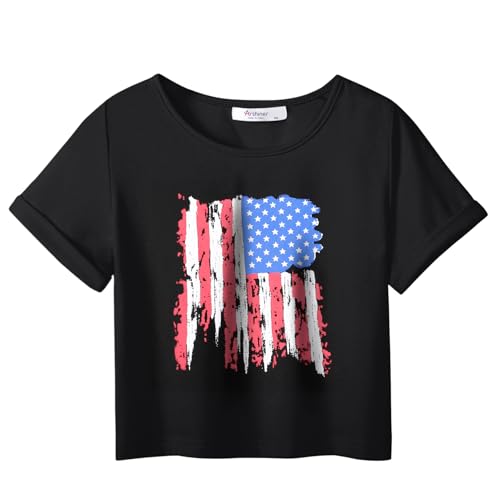 Image of Arshiner Girls July 4th American Flag T Shirts Crop Top Short Sleeve Shirt Tee