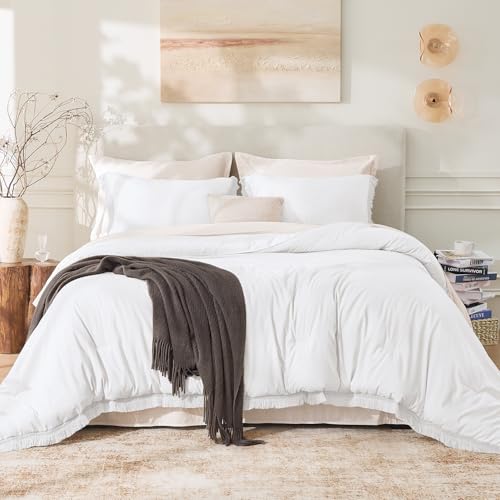 Image of Andency White Comforter Set Full, 3 Pieces Boho Lightweight Bedding Comforters & Sets, All Season Soft Fluffy Tassel Bed Set (79x90In Comforter & 2 Pillowcases)