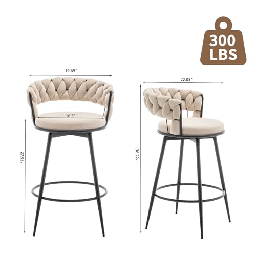 Image of Swivel Bar Stools Set of 4, Modern Barstools with Woven Back, Velvet Counter Height Bar Stools for Kitchen Island, Cafe, Pub, Beige