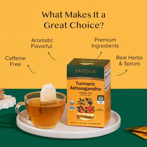 Image of VAHDAM, Organic Turmeric Ashwagandha Herbal Tea Bags (18 Count) Caffeine Free, Gluten Free | 100% Pure Herbal Blend - Sweet & Earthy | Eco-Friendly Individually Wrapped Tea Bags | Direct From Source
