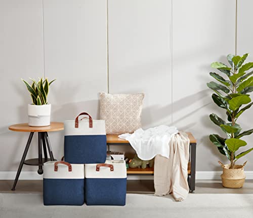 Image of DECOMOMO Large Storage Baskets | Closet Storage Bins 17x12x13inch Canvas Baskets For Storage Laundry Nursery Toys Cloth Linen (Navy Blue & White , XXL - 3 Pack)