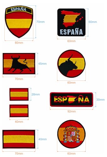9 Parches tejidos bandera España. Aplicaciones termoadhesivas para decorar chaquetas, pantalones, camisetas, cazadoras