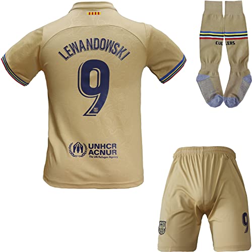 Mokiss 2022-2023 Barcelona Robert Lewandowski #9 Maillot Extérieur de Football pour Enfants Nouvelle Saison, Shorts, Chaussettes, Tailles Jeunes (Jaune,26)