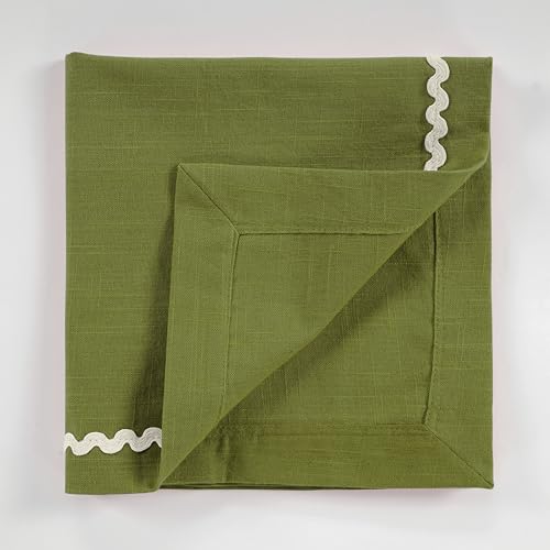 Image of FINGERCRAFT Cloth Napkins Set of 6, 18x18 Inch, 100% Cotton Table Napkins with RIC Rac Scallop Lace Trim, Reusable Washable Dinner Napkins for Wedding, Party, Dining & Home Decor (Olive)