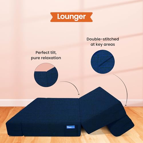 Image of Starlon 3 Seater Foldable Sofa Cum Bed 3-in-1 with 2 Floral Pattern Pillows, Washable Jute Fabric Cover, Space Saving Guest Bed, Royal Navy Blue 6x6.5 Ft