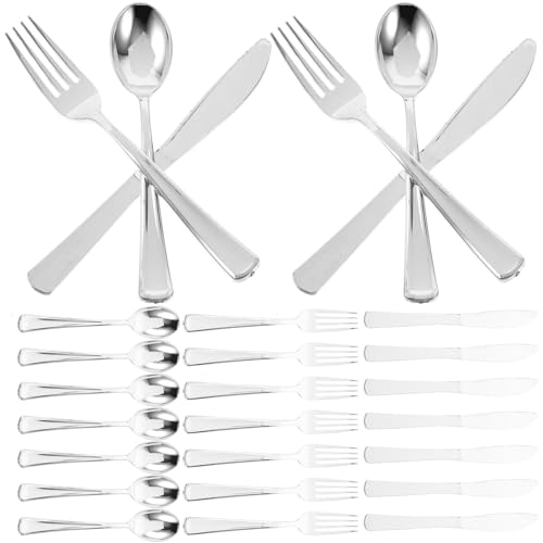 TOYZFRIENDY 25セット 使い捨てフォーク スプーン ナイフ 銀色パーティー用プラスチックカトラリー 快適グリップ 滑らか表面 家 イベント の日 結