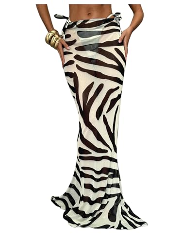 Women's Zebra Striped Swimsuit Coverups Skirts See Through Bodycon Maxi beach Skirt Cover Up