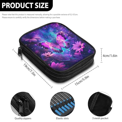 Image of Purple Butterfly Crochet Hook Case Portable Floral Crochet Storage Organizer with Web Pockets for Hooks, Knitting Needles,Knitting Supplies
