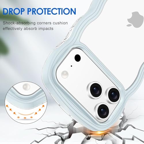 Image of GoldKart iPhone 17 Pro Max Case Wavy Edge Clear Back Design, Anti-Slip Grip Cute Wave Curly Frame Shape Shockproof Soft TPU & Hard PC Bumper Protective Phone Case Cover for Women Girls - Light Blue