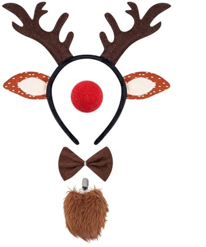 SHIFANQI Reindeer Costume Adult 4PCS Deer Ears Alters Headband Red Nose Bow Tie & Tail Costumes Set for Women Girls Christmas Party Cosplay Outfit Fancy Dress Up