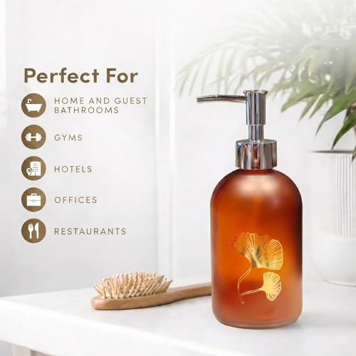 Image of Luxe Home International Flower Print Glass Soap Dispenser for Bathroom and Kitchen Sink Leak Proof Liquid Hand Wash Round Bottle Lightweight Smooth Finish (19.5x7.5 cm Red-Brown) Pack of 1