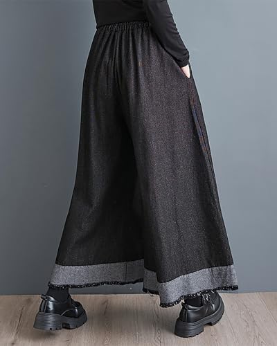 ellazhu Women's Skirt Wide Legs Elastic Waist Black and Grey Flowy Hem Baggy Loose Oversize GZ264 A4