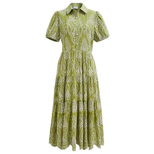 CHICWISH Women Embroidered Floral Eyelet Midi Dress Casual Collared Short Sleeve A Line Vacation Summer Boho Long Dress Green