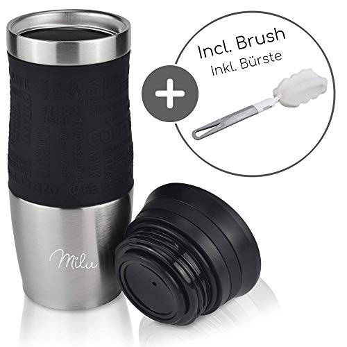 Milu Taza Aislante de café y té para Llevar 370ml 450ml - 100% a Prueba de Fugas - Taza de Acero Inoxidable para Beber - Vaso de Aislamiento al vacío - Caliente y frío (Negro, 370ml) - Imagen 4