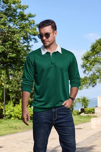 Mens Long Sleeve Polo Shirt Button Down Classic Pullover Sweatshirts for Men Polos with Contrast Collar4