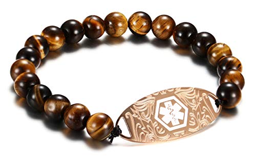 JF.JEWELRY Tiger Eye Beaded Medical Alert ID Bracelet for Men and Women,Free Engraving,7.5