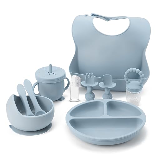 Indique Baby Weaning Set - 11 Pcs Silicone Baby Feeding Set with Suction Plate Weaning Kit with Adjustable Bib Fork Spoon Fruit Feeder & Toothbrush Ideal Weaning Set Baby Gift (Blue)