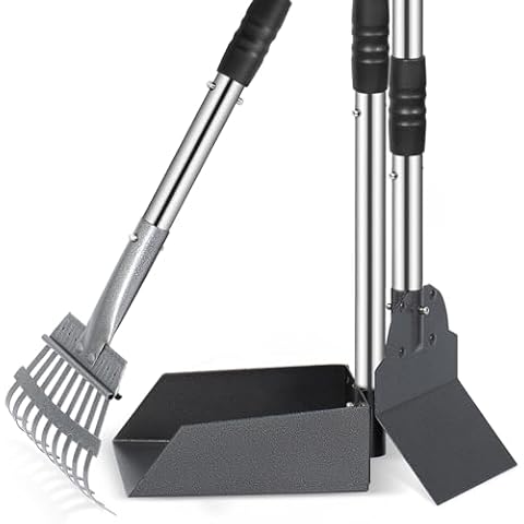 Heeyoo Dog Pooper Scooper, Dog Poop Tray and Rake Set, Pet Waste Removal Scoop with Long Adjustable Sectional Stainless Handles Cover