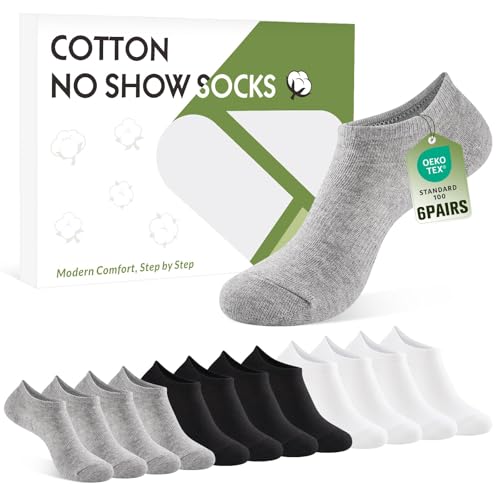 SukModen No Show Socks Women Men Non Slip Invisible Liners for Flats Breathable Cotton Low Cut Ankle Socks 6 Pairs Gift Box, Size 5-8 WBG