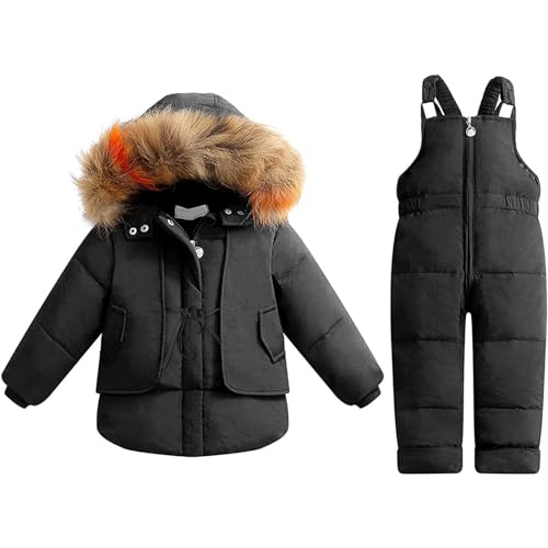 Snow Suit for Kids Ski Suit Down Coat Snowboard Pants Kids Winter Clothes Boys Thickened Hooded (Black, 18-24 Months)