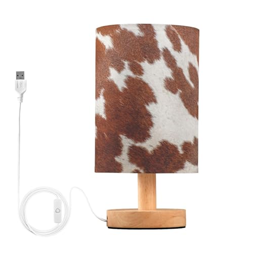 Image of Oarencol Bedside Table Lamp White Brown Cow Print Nightstand Lamp with Wood Animal Skin Desk Lamps for Bedroom Living Room Nursery Office Home Decor