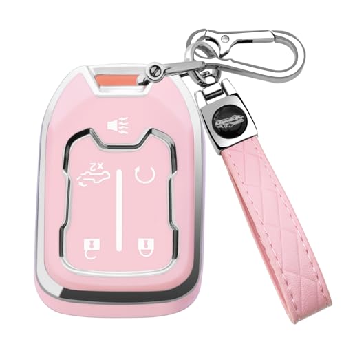 XIYANG TRADE for GMC Key Fob Cover with KeychainKey Case Shell TPU Full Protection Compatible with GMC Chevy Acadia Sierra Terrain Silverado 1500 2500HD 3500HD (Pink 5 Button)