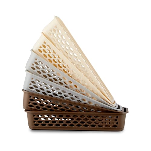 Image of RATAN PLASTICWARE Diana Tray Rectangular-Narrow (Pack of 6) Plastic Storage for Desk Basket /Organizers for Stationery, Jewellery, Tools,Kitchen, Office- Lt Brown /Daiso Grey /Twist Beige