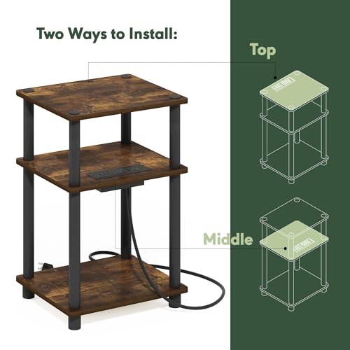 Image of Furinno Just 3-Tier Turn-N-Tube USB and Type-C Charging Port End Table with Open Storage, Amber Pine /Black, Set of 2