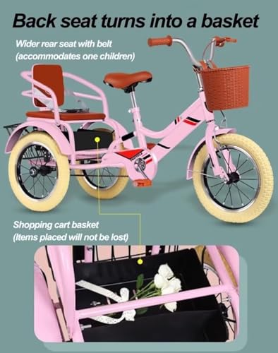 Tricycle Rickshaw with Pedals,Cruiser Tricycle with armrest for Toddler,Tandem Trike with Back seat,Front Wheel Brake,3 Wheels Bicycle with Back Basket - Thumbnail 5