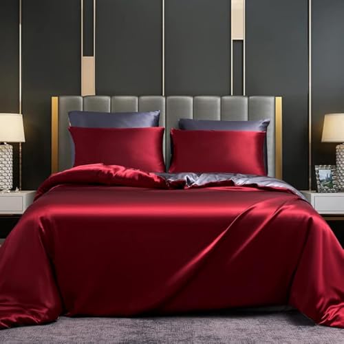 DXHOME Ropa de cama de satén de 135 x 200 cm, color rojo, burdeos y gris, reversible, liso y brillante, ropa de cama de verano de lujo de microfibra, funda nórdica refrescante con cremallera + 1 funda