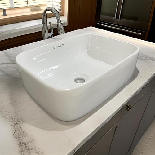Image of SEA SHORE White Imported Ceramic Table Top Wash Basin - Slim Rim Vessel Sink for Bathroom & Living Room | 41 x 31 x 15 cm (Koshi White)
