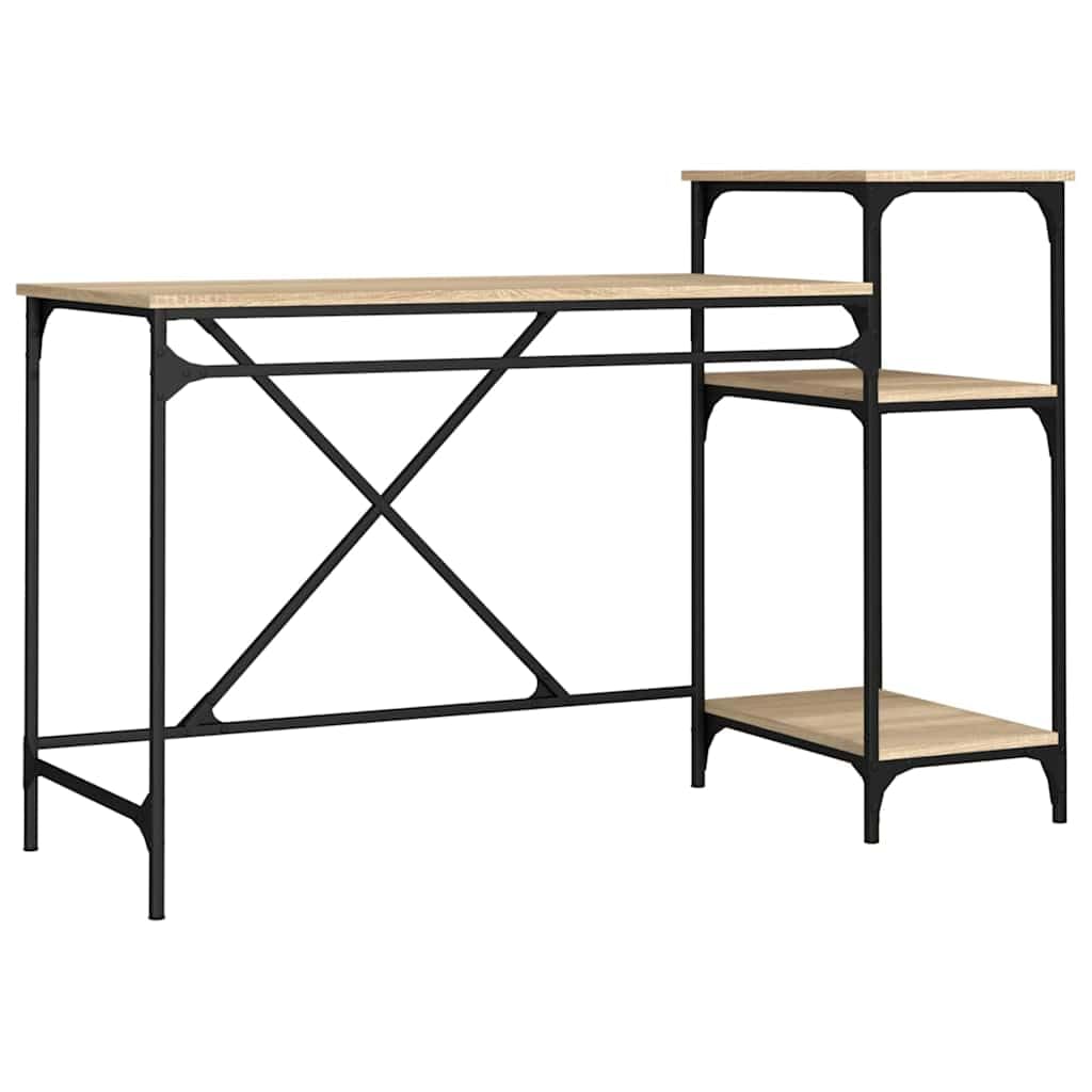 Scrivania con scaffale, in rovere Sonoma, 135 x 50 x 90 cm, in legno e ferro, stabile tavolo da ufficio per casa e studenti, con molto spazio di archiviazione, in stile industriale