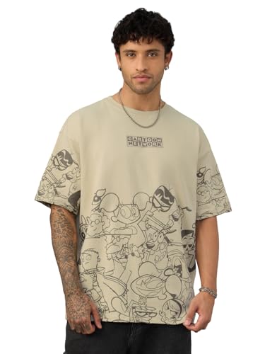Image of The Souled Store Cartoon Network: Nostalgia Men's and Boys' Short Sleeve Crew Neck Beige Graphic Printed Breathable Drop Shoulder Oversized T-Shirt, beige, L