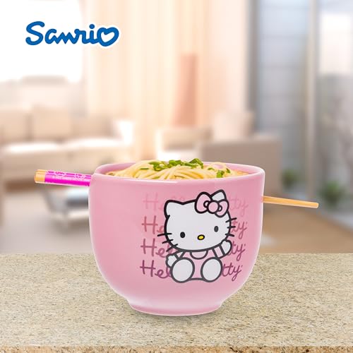 Image of Silver Buffalo Sanrio Hello Kitty Waves, Ramen Bowl with Chopsticks, 20oz | Waving Pink, Ceramic, Noodle Rice, Microwave Safe, 0.59 Liters