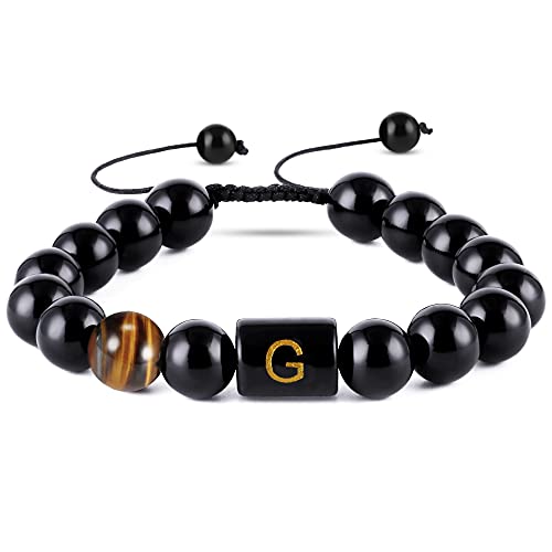 BYIA Beaded Bracelet for Women Men, Letter Black Agate Natural Stone Bead Bangle Bracelet for Friend Family Lover Birthday Anniversary Memorial Jewelry Gift (G)