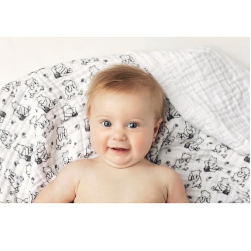Image of Sugar Lily's- Classic Pooh Black and White with Soccer Ball Motifs,6-Layer Muslin Cotton Blanket, Soft