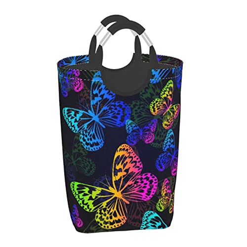 Bokekang Large Laundry Basket,Blue Abstract Flying Multicolored Butterflies On Black Animals Wildlife Butterfly Pink Beautiful,Laundry Hamper Collapsible Organizer Bin With Handles Dirty Basket #TOP1