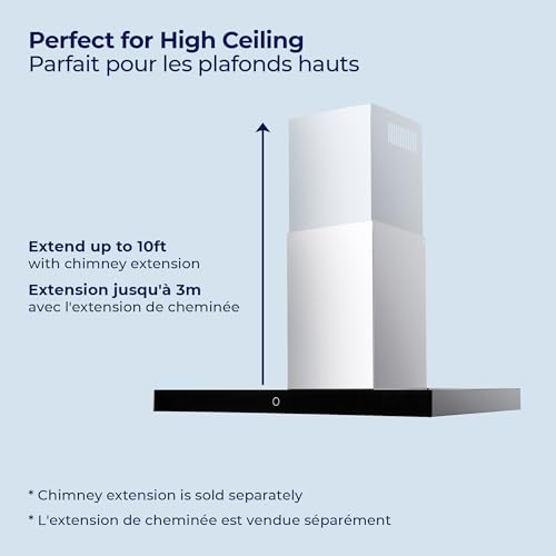 Image of Hauslane Wall Mount Range Hood 30 Inch Convertible 450-900 CFM Low Noise | 3 Speed Auto Shut-off Stainless Steel Vent Hood with Glass Touch Control, LED, Dishwasher Safe Filters, Top 6 inch Round, WM739