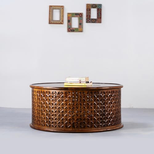 Image of Wooden Coffee Table for Living Room | Handcrafted Solid Wood Round Center Table with Carved Jaali Design | Coffee Table for Home Decor | Tea Table for Bedroom & Office (Honey)