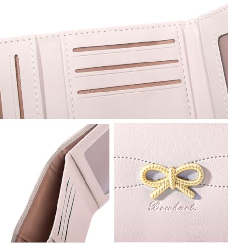 Cute Wallet Coquette Bow Small Wallet Tri-folded Aesthetic Bifold RFID Blocking Card Holder Leather Mini Short Coin Purse with ID Window for Women Girls Ladies -Pink4