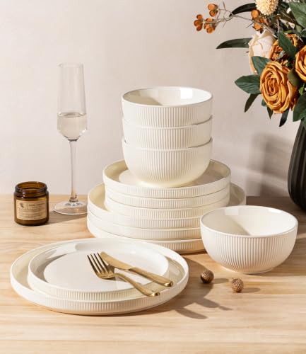 Image of TheTerra Ceramic Dinnerware Set for 4, 12-Piece Plates and Bowls Set