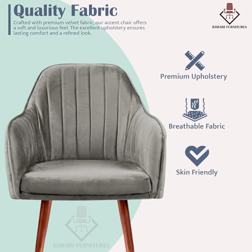 Image of Plush Dining Chair | Accent Chair for Living Room Bedroom Restuarant | Velvet Fabric & Thick Cushion Seat with Sturdy Glossy Metal Legs (Bronze Legs, Grey)