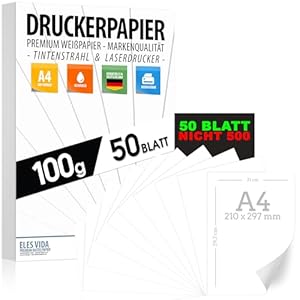 Druckerpapier A4 100g weiß - 50 Blatt PREMIUM PAPIER Reinweiß - Druckerpapier dicke Stärke - Kopierpapier, Laserdrucker & Tintenstrahl, Uni, Bewerbung, Büro & Office Präsentationen