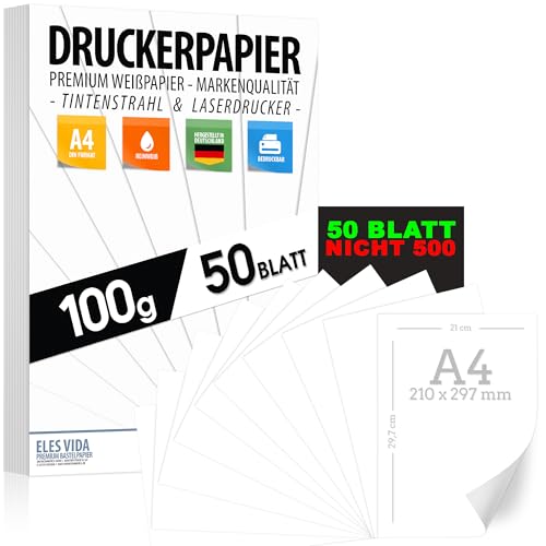 Druckerpapier A4 100g weiß - 50 Blatt PREMIUM PAPIER Reinweiß - Druckerpapier dicke Stärke - Kopierpapier Laserdrucker & Tintenstrahl Uni Bewerbung Büro & Office Präsentationen