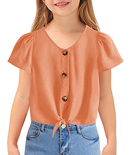 Yobecho Girl Kids Summer Tie Front Knot Short Sleeve Shirts Button Up Cute Tunic Tops Blouse Orange #TOP26