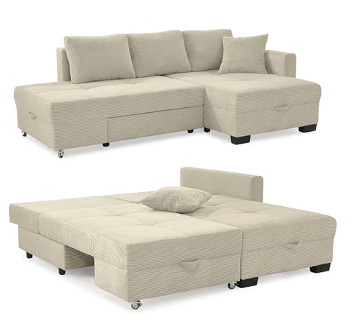 Ecksofa B247/T155/H87 cm mit Schwenkfunktion zum Doppelbett, Liegefläche 183x207 cm, platzsparend, Bettkasten, Ottomane links oder rechts montierbar, Bezug Cord in Beige Grau / 15215 Ecksofa B247/T155/H87 cm mit Schwenkfunktion zum Doppelbett, Liegefläche 183x207 cm, platzsparend, Bettkasten, Ottomane links oder rechts montierbar, Bezug Cord in Beige Grau / 15215