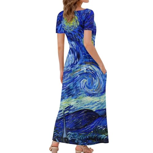 Image of Women's Fall Summer Short Sleeve Ankle Length V-Neck Party Dress with Pockets Size S-3XL