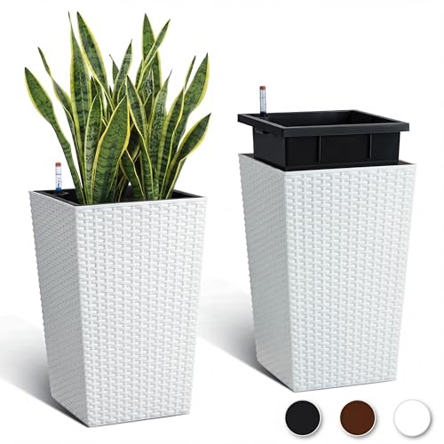 Tall Planters Set of 2, 16 Inch Self-Watering Outdoor Indoor Plant Pot with Water Level Monitor & Drainage Holes, Large Modern Flower Pot with Inner Bucket, Trays & Wheels – Black, White, Coffee by Liyaxenug - Used condition - US$50.77